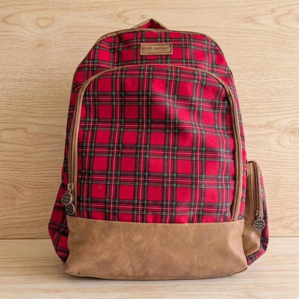 Simply Southern Backpack OS Unisex Red New Plaid Canvas Faux Leather Preppy